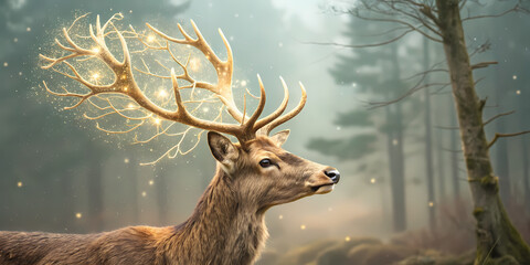 Magical deer portrait with golden antlers shaped like tree branches