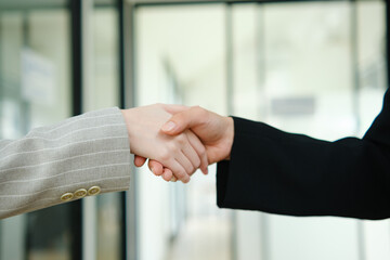 Partnership, teamwork and shaking hands for agreement, consulting or introduction in meeting
