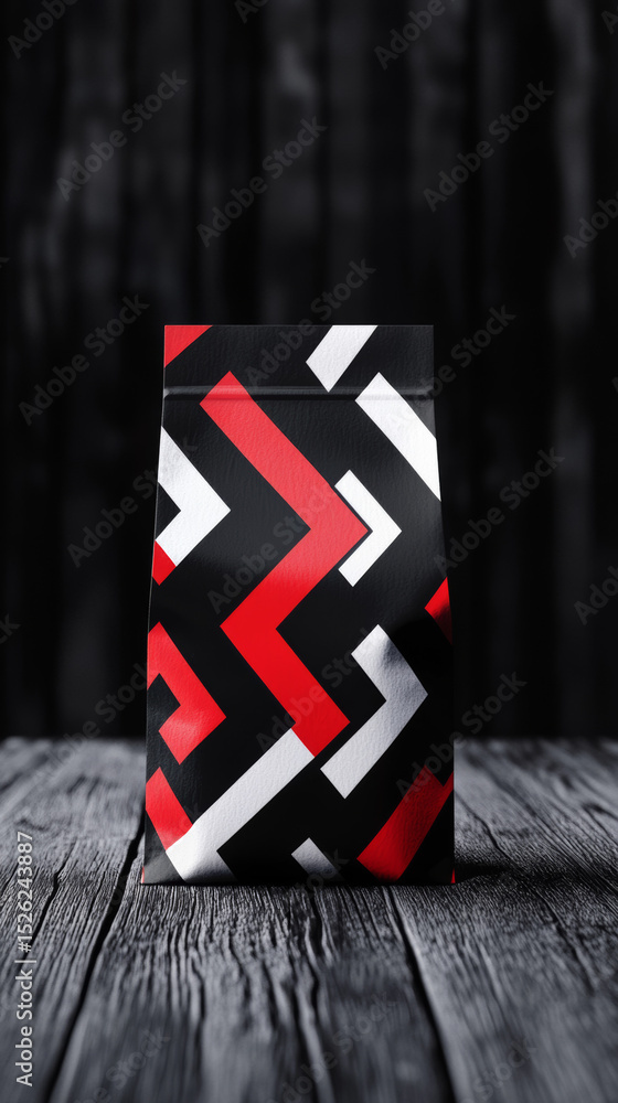 Poster stylish packaging on dark wooden surface for product mockups. dynamic design with bold red and white