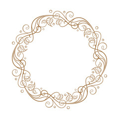 Flowing round frame with whimsical swirls and tiny leaves. Elegant hand-drawn botanical wreath for branding and invites. Vector image.