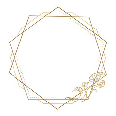 Double geometric polygonal frame with minimal ivy ornament. Stylish gold line vector for invitation cards, organic product labels, or design templates.