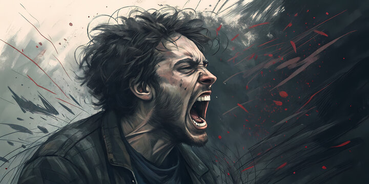 Abstract dark portrait of a manic episode, intense expression