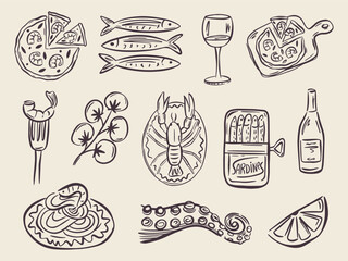 Whimsical hand drawn sea food illustrations in trendy whimsical style. Perfect doodle for quirky italian wedding holiday, poster, dinner and bar menu, bachelorette party, birthday invitation, sign