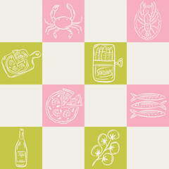 Whimsical hand drawn sea food seamless pattern in trendy whimsical style. Perfect  background for quirky italian wedding holiday, poster cards, dinner and bar menu, fabric, wrapping paper