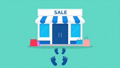 Sale Store With Footprints On Teal Background
