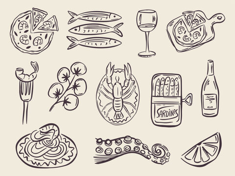 Whimsical hand drawn sea food illustrations in trendy whimsical style. Perfect doodle for quirky italian wedding holiday, poster, dinner and bar menu, bachelorette party, birthday invitation, sign