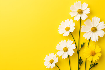 Daisy's Flourish on Sunny Canvas: Delicate daisy flowers bloom against a vibrant, sunny-yellow background, creating a sense of springtime joy and natural beauty. 