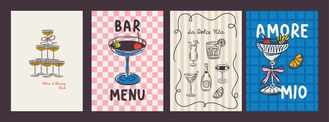 Whimsical hand drawn cocktails poster and menu template in trendy whimsical style. Perfect doodle for quirky italian dinner  restaurant and cafe, kitchen wall art, poster,  party, birthday, sign