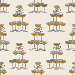 Whimsical hand drawn drinks, cocktails seamless pattern in trendy whimsical style. Perfect  background for quirky italian wedding holiday, poster cards, dinner and bar menu, fabric, wrapping paper.