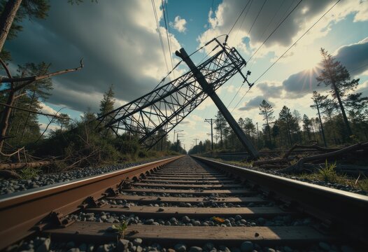 Fallen power line tower across train tracks after a severe windstorm