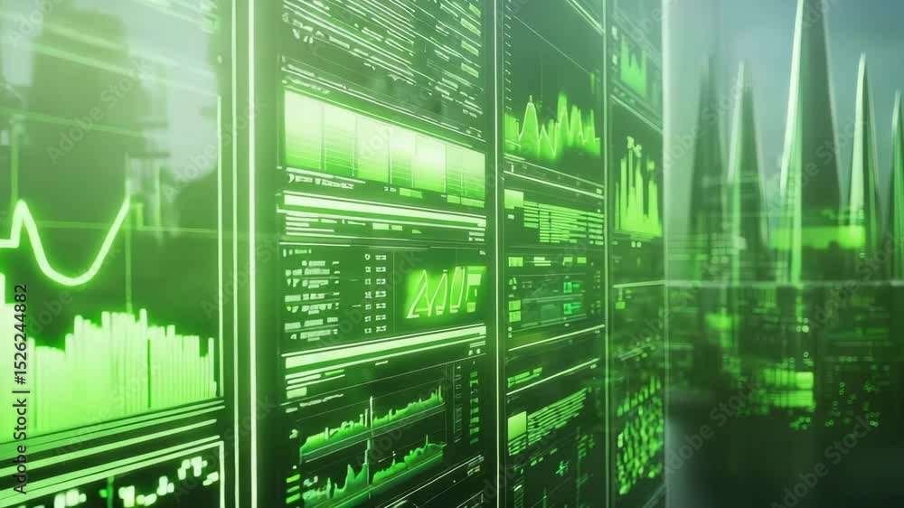 Poster A futuristic digital control room displays glowing green data charts, graphs, and analytics on multiple transparent screens.