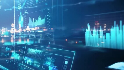Futuristic digital dashboard with data analytics charts and graphs displayed over a cityscape backdrop at night. - Powered by Adobe