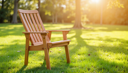 Serene Sunset A Wooden Garden Chair on Trimmed Grass, Bathed in Golden Hour Light