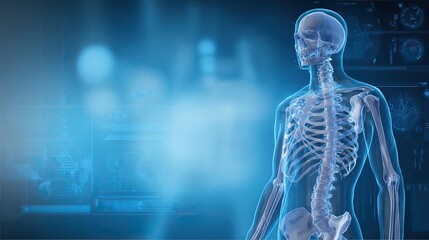 3D medical visualization of a full male human skeleton with transparent body outline on a blue digital background, symbolizing advanced healthcare technology and anatomical research
