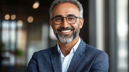 Obraz premium Stylish and Confident Mature Executive Smiling Warmly in a Modern Office Environment Portrait