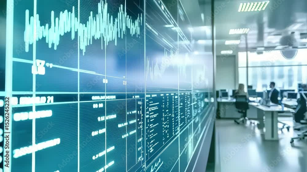 Aufkleber a modern office with large digital screens displaying financial stock charts and analytics.