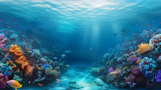 Hundreds of fish floating and moving in a body of water underneath, underwater species with coral reefs and habitats, aquamarine life videography