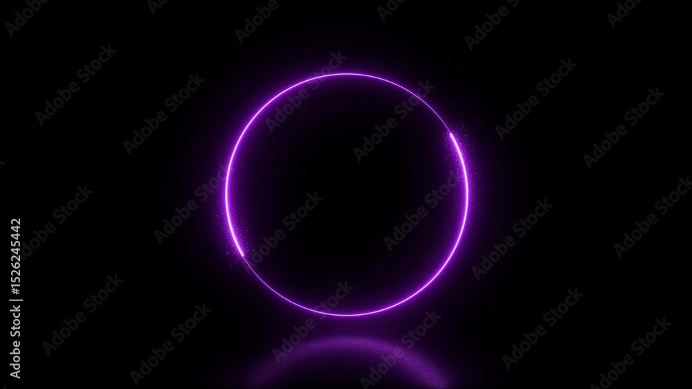 Aufkleber neon circle rotation of frame with reflection effects on black screen. video animation empty purple 
