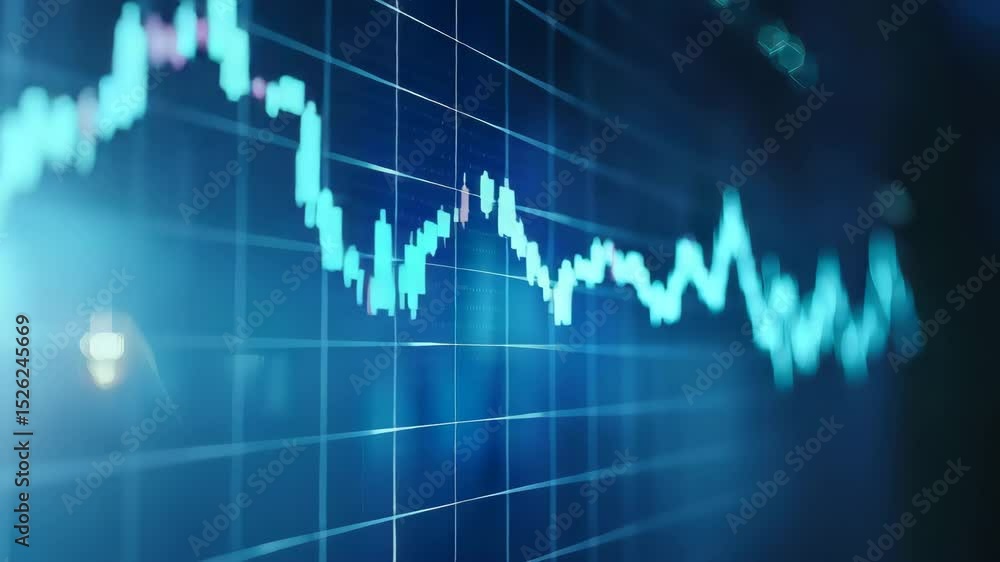 Poster a digital financial chart showing fluctuating stock market data lines on a blue background.