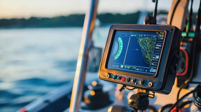 A fishfinder sonar display sits on a boat, showing underwater terrain and fish locations on a calm body of water.