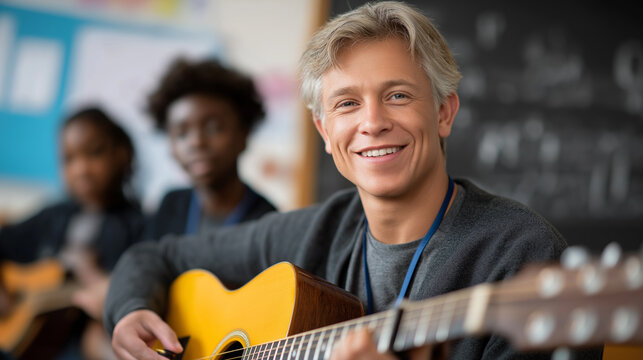 A joyful guitar lesson in a bright music room