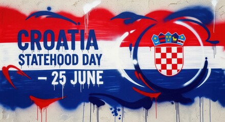 A vivid street-art mural design with graffiti lettering of “Croatia Statehood Day – 25 June”, spray-painted in bold, edgy fonts.