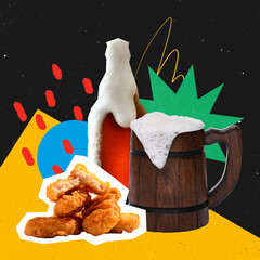 Conceptual art design. Wooden mug, foamy beer and nuggets on bright geometric background with bottle. Paper cut. Concept of fast food, traditional bar, beer fest, snack joy and festive moment.