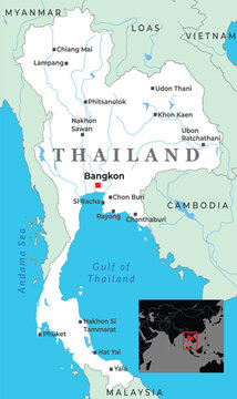 A detailed political map of Thailand highlighting major cities, rivers, borders with neighboring countries