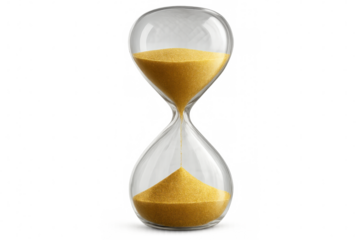 Classic hourglass with golden sand pouring, symbolizing time passing, on a transparent background