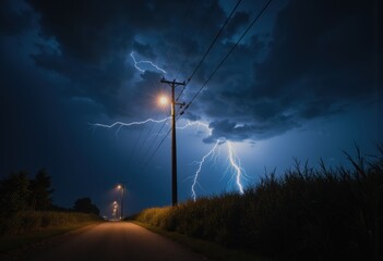 Lightning strike illuminating a utility pole during a summer storm