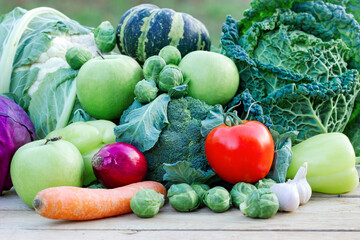 Healthy fresh organic food in vegetarian eating, fruits and vegetables on table, fresh vegetables on the market