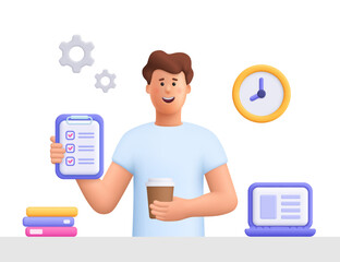 Young smiling man James freelance worker, working with laptop at home, holding coffee cup and file documents. Daily work routine. 3d vector people character. Cartoon minimal style.
