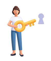 Young smiling woman Jane holding golden key near keyhole. Unlock business accessibility, success, solutions. Security, safety, protection concept. 3d vector people character. Cartoon minimal style.