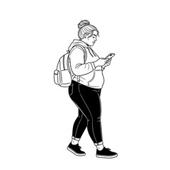 Full student walking casually, engrossed in smartphone, with a backpack 
