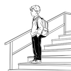 Thoughtful boy standing on stairs with a backpack, reflecting on life decisions in a calm atmosphere