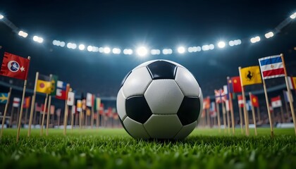 World Cup 2026 Football with International Flags on Stadium Field