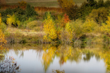 Golden magic autumn colorful fall trees. Romantic lake landscape