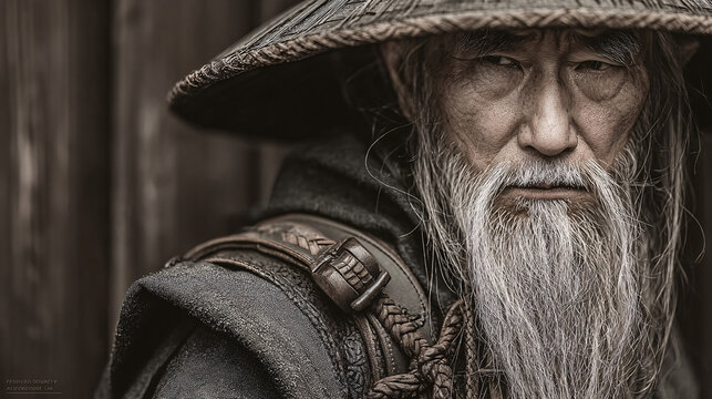 Ancient Wise Warrior in Traditional Asian Conical Hat with Long Gray Beard