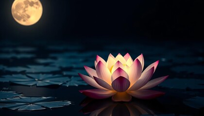 Night blooming lotus, serene dark water, moonlit petals, soft light, copy space,  nature,  black