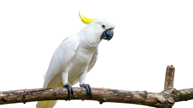 Close-up portrait of a sulphur-crested cockatoo, a beautiful white and yellow parrot, perched on a branch