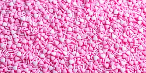 Fototapeta premium Pink heart sprinkles forming a dense, sweet background, candy, confection