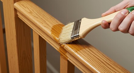 Close-up of a hand applying clear varnish to an oak wood stair banister with a natural bristle paintbrush. Home improvement, DIY project, and woodworking concept.