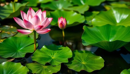 Pink lotus blossoms open on serene pond surface, green pads surround, image, background