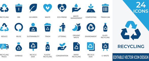 A clean and modern vector icon pack covering recycling, composting, bins, and sustainability. Ideal for Eco-awareness campaigns, waste apps, and green lifestyle visuals.
