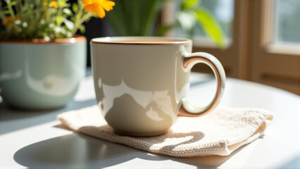 Fototapeta premium Cozy coffee cup resting on table with napkin and plant background 
