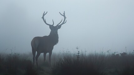 A red deer stag's silhouette emerges gracefully in the mist, creating a mysterious and enchanting scene. The mist shrouds the surroundings, adding an air of tranquility and allure