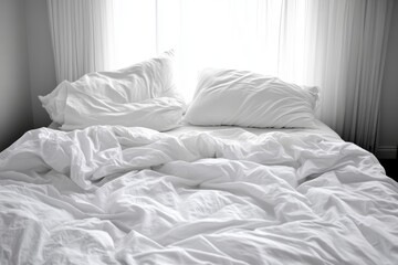 High Angle View of an Unmade Bed with Crumpled White Sheets in a Cozy, Inviting Bedroom Scene
