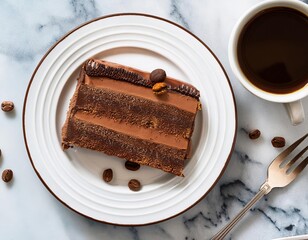 Delicious opera cake slice with coffee beans on marble table