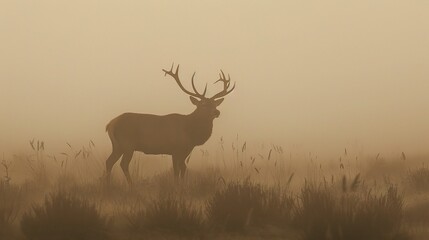 A red deer stag's silhouette emerges gracefully in the mist, creating a mysterious and enchanting scene. The mist shrouds the surroundings, adding an air of tranquility and allure