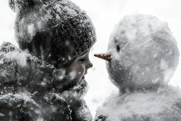 A child in a snow-covered hat faces a snowman in a winter wonderland, sharing a magical moment.